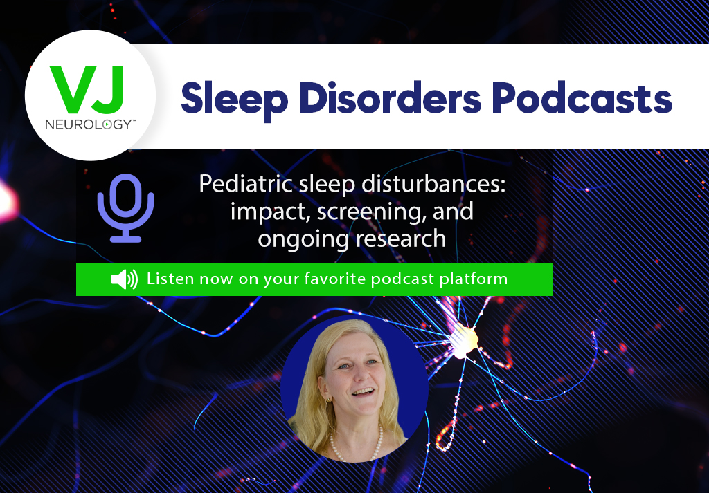 Podcast banner on pediatric sleep disturbances with featured speaker Karen Spruyt.